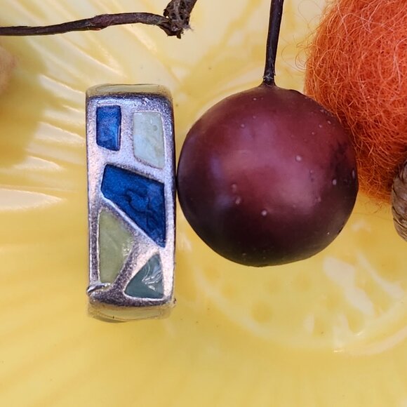 Vintage 1970's Artisan Made Sterling Silver Geometric Square Ring with Enamel - Picture 2 of 11